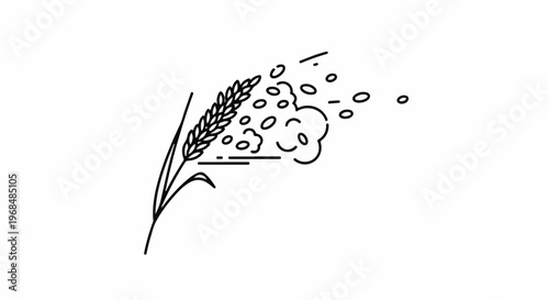 A simple line drawing depicts a stalk of grain scattering small ovals