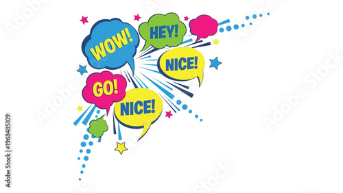Comic Speech Bubbles: Vibrant comic speech bubbles burst with dynamic exclamations, adding excitement and visual interest. Capturing the essence of digital creativity and bold designs.