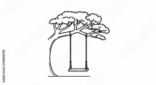 A simple line drawing depicts a tree with a swing hanging from its branches