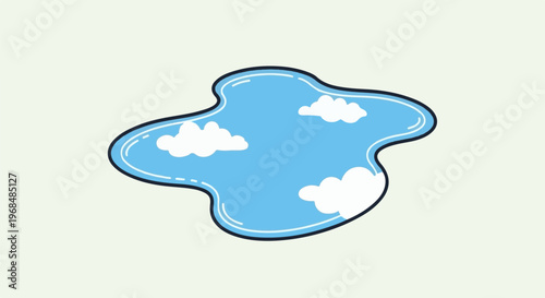 A stylized puddle reflects a blue sky with fluffy white clouds