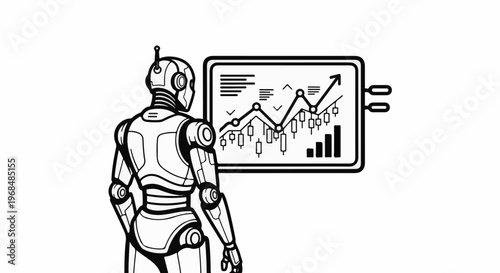 A stylized robot observes a financial graph on a screen, depicting data trends
