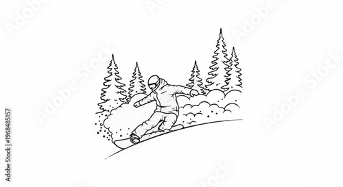 A snowboarder carves downhill amidst snow-covered trees and drifts