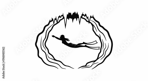 A solitary diver gracefully swims through a stylized, jagged opening