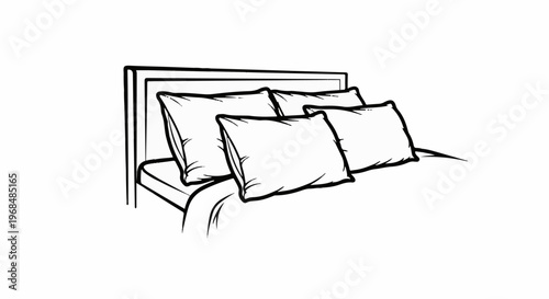 A simple line drawing of a bed with four plump pillows