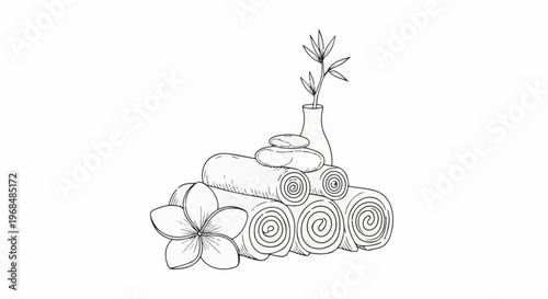A stylized sketch of rolled towels, smooth stones, a flower, and a vase