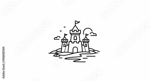 A stylized, simple line drawing of a sandcastle with flags and birds