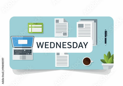 Clean and minimalist flat lay office desk with essential work tools for a productive mid-week schedule, highlighting organization and efficiency