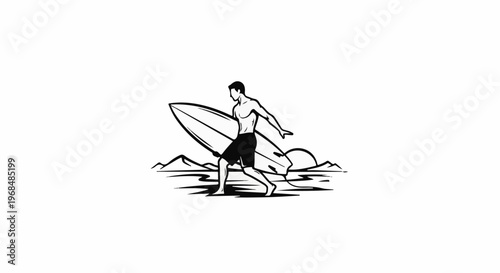 A stylized surfer carrying a surfboard by the water with mountains in the background