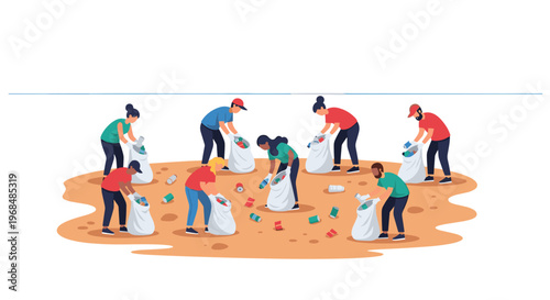 Eight diverse individuals are cleaning up litter from a patch of brown earth, collecting trash in white bags.