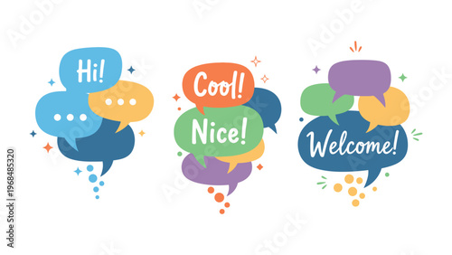 Conversation Bubbles: A collection of vibrant speech bubbles expressing greetings and positive messages, perfect for conveying friendly communication.