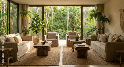 Luxury Living Room Interior With Large Windows Overlooking Tropical Jungle Greenery. Sustainable Home Design Featuring Natural Wood Furniture And Lush Indoor Plants