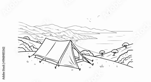 A tent is set up on a grassy hill overlooking a serene bay with mountains
