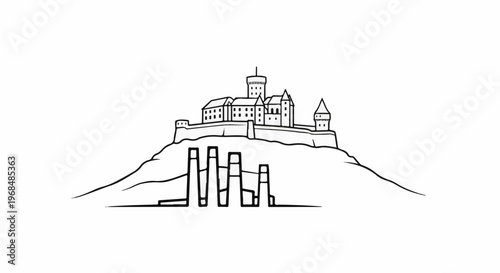 A stark black and white line drawing depicts a medieval castle atop a hill