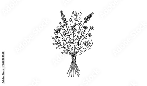 Minimal Wildflower Bouquet Icon – Floral Outline Vector Illustration