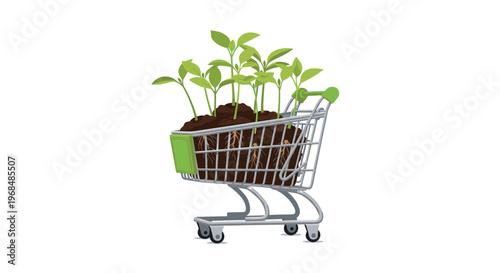 A silver shopping cart is filled with dark soil and numerous green plant sprouts on a white background.