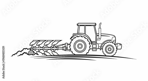 A tractor with a plow turns soil, leaving a trail of earth behind it