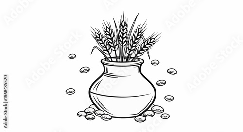 A vase filled with wheat stalks surrounded by scattered grains