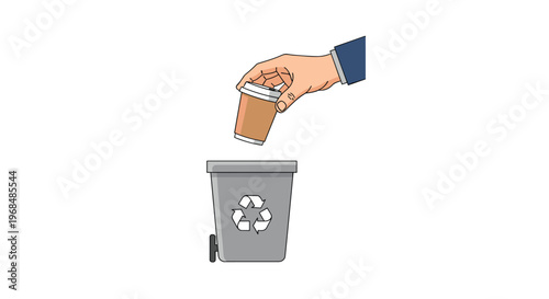 A hand is dropping a disposable coffee cup into a grey recycling bin with a recycling symbol on a white background.