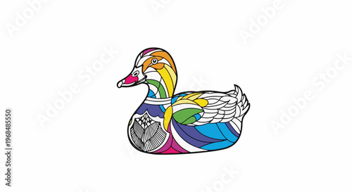 A vibrant, patterned duck illustration with rainbow-colored segments and intricate line art