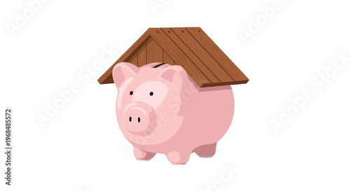 A pink piggy bank is shown with a wooden roof over its coin slot on a clean white background.