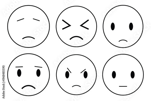 Minimalist sad face emoji collection, set of 6 negative emotion icons, black and white line art of unhappy facial expressions for feedback