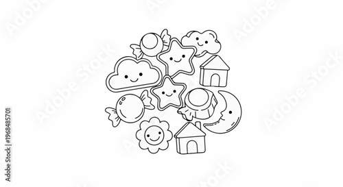 A whimsical collection of cartoonish celestial bodies, houses, and treats