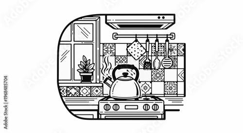 A whimsical line drawing depicts a steaming kettle on a stove, window plant, and tiled backsplash