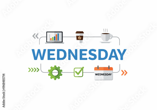 Wednesday Workday Management Concept with Business Icons, Highlighting Mid-Week Productivity and Task Planning for Efficient Project Completion and Daily Schedules