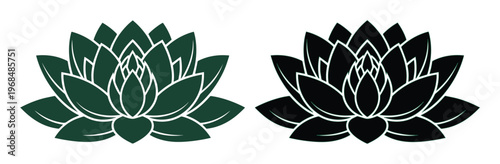Elegant lotus flower vector set, two stylized water lily blossoms in dark green and black, perfect for spa, yoga, or branding designs, spiritual and tranquil floral graphic resource