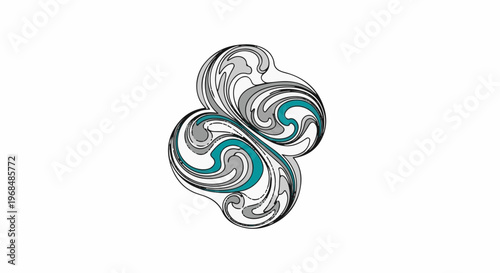 Abstract swirling design with grey, teal, and black lines