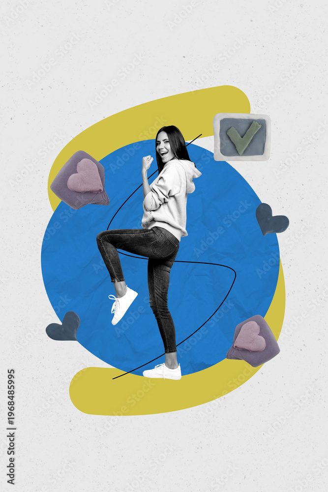 Obraz premium Sketch contemporary photo collage of happy girl receive blogging heart notification checkmark symbol like social media icon