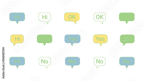 Digital Dialogue: A collection of vibrant speech bubbles, each holding simple affirmative and negative phrases, create a visual language of modern communication.