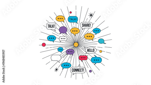 Conversation Circle: A network of interconnected speech bubbles radiates from a central hub, illustrating communication and dialogue. Expressing idea sharing and social networking
