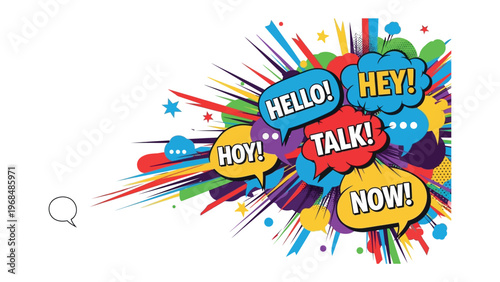 Speech Bubble Burst of Communication: A vibrant explosion of speech bubbles erupts with dynamic phrases, expressing various greetings and calls to action, symbolizing communication and expression