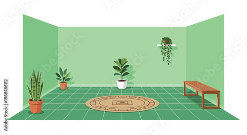 An empty, minimalist room with light green walls, a tiled floor, potted plants, a wooden bench, and a round rug.