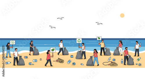 A group of people cleans a sandy beach, collecting trash into bags and holding recycling signs under a sunny sky.