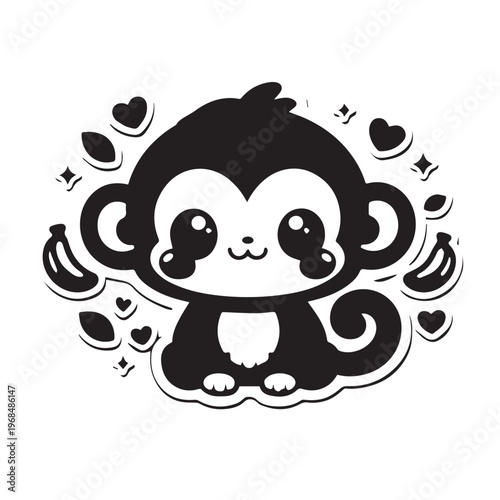 Kawaii Chibi Monkey Sticker Pack Black and White Coloring Page Collection