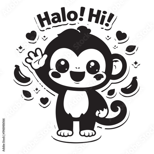Kawaii Chibi Monkey Sticker Black White Hello Hi Greeting Coloring Page