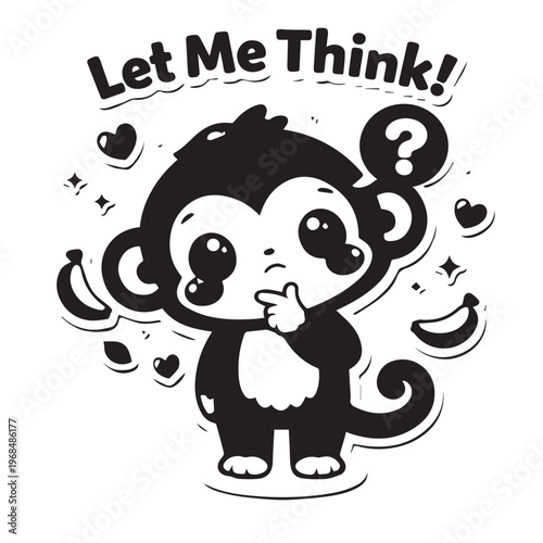 Kawaii Chibi Monkey Sticker Black White Thinking Hmm Coloring Page