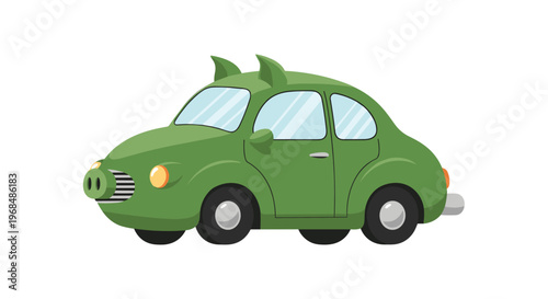 A cartoon green car with pig-like features, including a snout and ears, is shown in side profile on a white background.