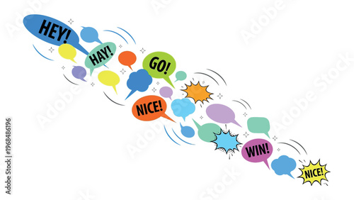 Explosive Speech Bubbles: A vibrant array of speech bubbles bursting forth, each containing a dynamic word, creating a visual symphony of communication and expression. 