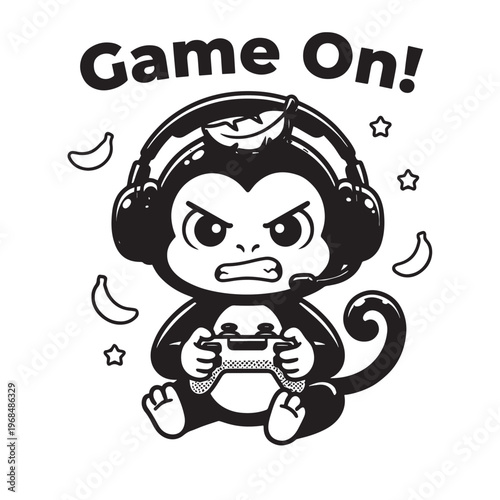 Kawaii Chibi Monkey Sticker Black White Gamer Gaming Headphones Coloring Page
