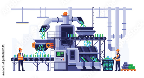 Two workers manage a conveyor system processing green glass bottles into a basket and stacked cubes within a large industrial facility.