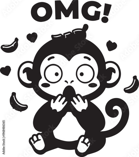 Kawaii Chibi Monkey Sticker Black White OMG Shocked Surprised Coloring Page