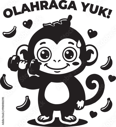 Kawaii Chibi Monkey Sticker Black White Workout Fitness Dumbbell Coloring Page