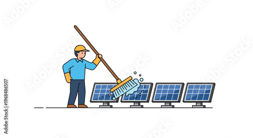 A worker in a hard hat and gloves cleans a row of four blue solar panels with a large brush, generating foam on a white background.