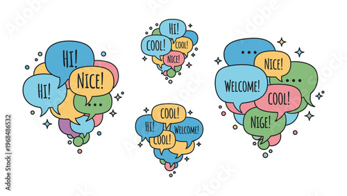 Communication Bubbles: A vibrant collection of stylized speech bubbles bursting with greetings and positive affirmations, perfect for conveying messages of welcome, coolness, and friendliness.