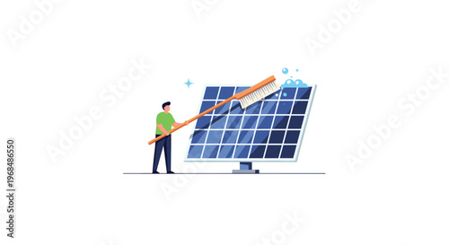 A person in a green shirt cleans a large blue solar panel with a long brush, creating suds on a white background.