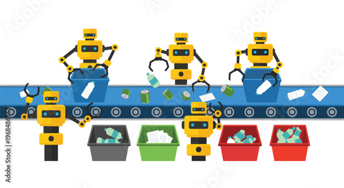 Five yellow robots on a blue conveyor belt sort plastic bottles, cans, and paper into three recycling bins on a white background.