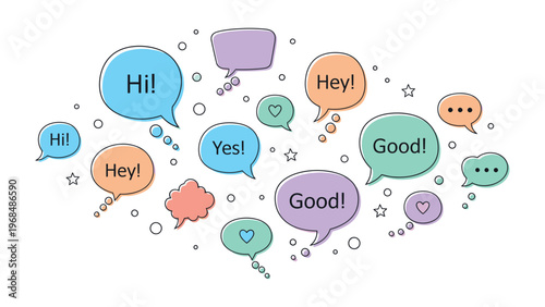 Conversation Bubbles: A vibrant collage of thought bubbles, each bearing a simple greeting, creates a sense of interactive communication and expressive discourse.